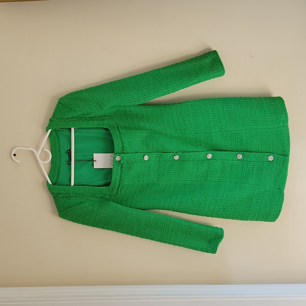 Zara Tweed Green Short Dress with rhinestone buttons